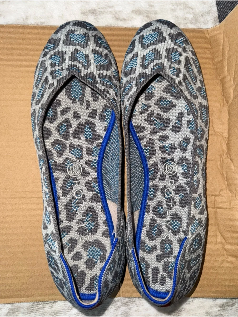 Rothy's Gray and Blue Leopard Print Slip-On Flats